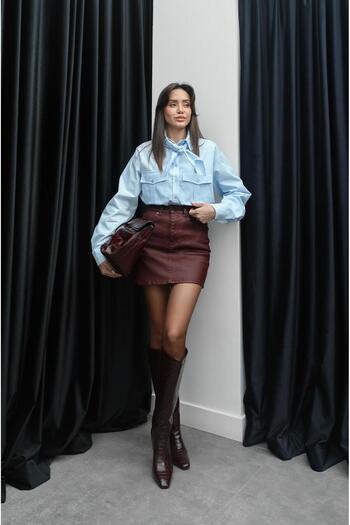 Havoş Light Blue Neck Shawl Detail Shirt