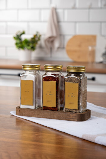 EVLE Set of 3 Glass Spice Racks with Wooden Stand Gold Lid Labeled Spice Rack Set