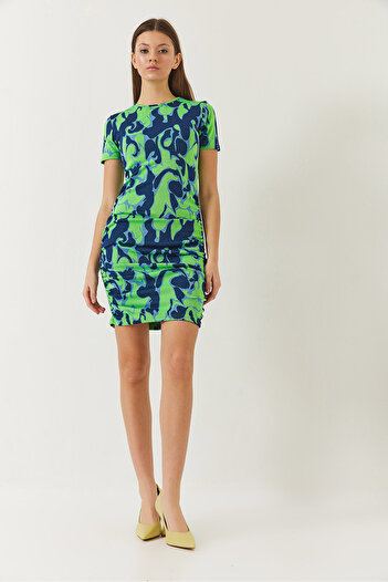 Bianco Lucci Women's Short Sleeve Print Dress with Side Drawstring Detail 60261385