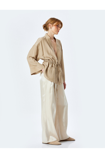 Koton High Waist Palazzo Satin Trousers with Pockets and Pleat Detail
