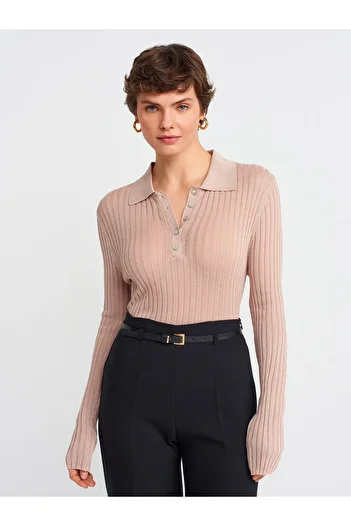 Dilvin 10722 Polo Neck Button Thin Knitwear Sweater-Light Beige