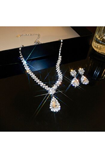 Choice necklace earring set Sparkling Rhinestone Necklace Drop Earrings For Women Geometric Water Droplet P