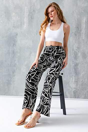 GİYSA Black-White Mosaic Palazzo Trousers - Light 100% Viscose - 25001