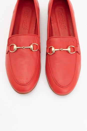 LuviShoes Trexie Red Skin Genuine Leather Buckle Women's Loafer Shoes