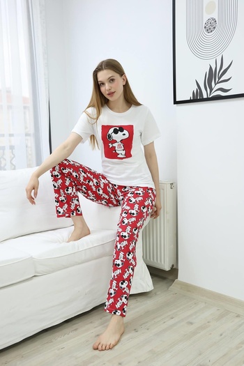 Laviera Women's Red Top and Bottom Pajama Set, Cartoon Character Printed