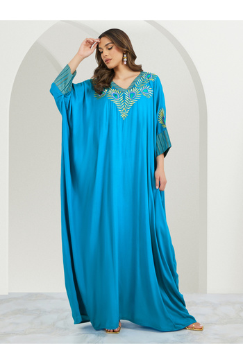 Maxim Creation By Styli Embroidered Batwing Sleeve Jalabiya with V Neck
