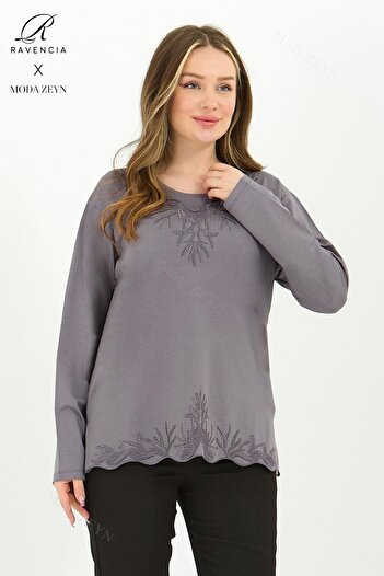 Ravencia Women's Middle Age and Above Viscose Collar Skirt Stone Embroidered Lycra Gray Mother Combed Cotton Blouse