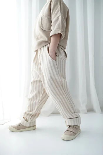 Catz Kids Mink White Striped Linen Carrot Trousers + Mink Muslin Pocket Detailed Shirt