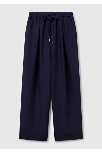 United Colors of Benetton Women's Navy Blue Liyosel Blended Elastic Waist Wide Leg Pants