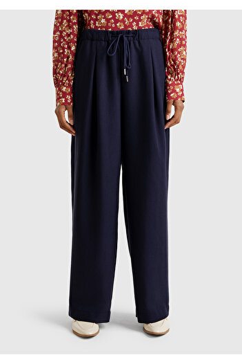 United Colors of Benetton Women's Navy Blue Liyosel Blended Elastic Waist Wide Leg Pants