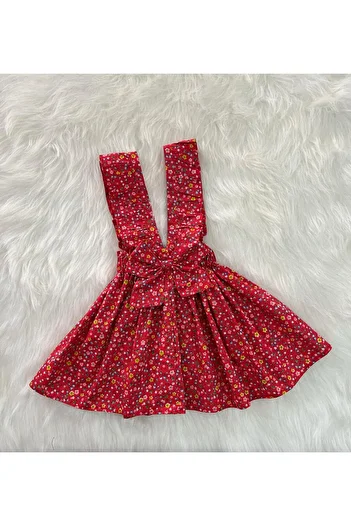 Eylülce Butik Girl's Red Flowery Bow Ruffle Strap Salopet Dress (Made from 100% Cotton Fabric.)