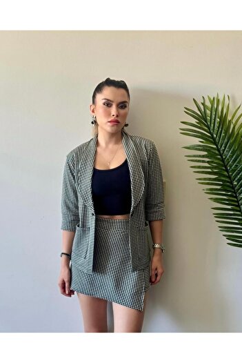 Butik Plaid Patterned 3-Piece Shorts Skirt Jacket Set