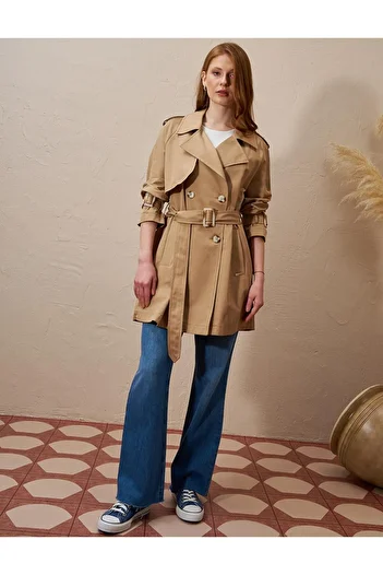 Kayra Beige Double Breasted Trench Coat - Epaulette Detailed