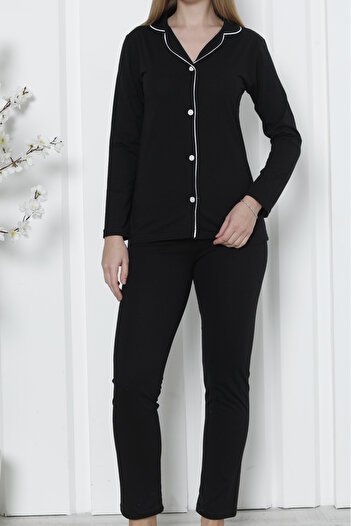 Nicoletta Women's Pajama Set Long Sleeve Buttoned Cotton Ribbed Shirt