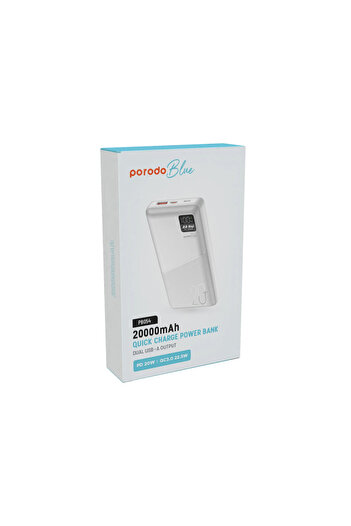 porodo Blue  20000Mah  Powerbank Type-C Usb A And Micro With Digital Display- White