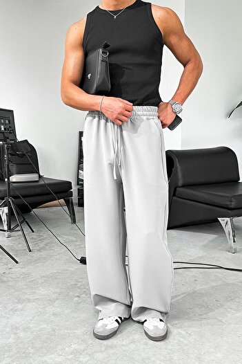 HAFKAGİYİM Gray Basic Elastic Waist Baggy Fabric Trousers