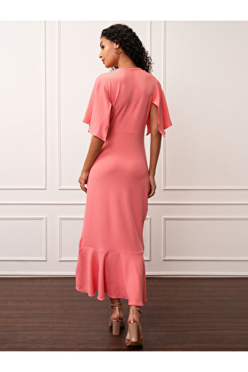 Tokyo Talkies By Styli Solid Asymmetrical Hem Ruffled V-Neck Midi Dress