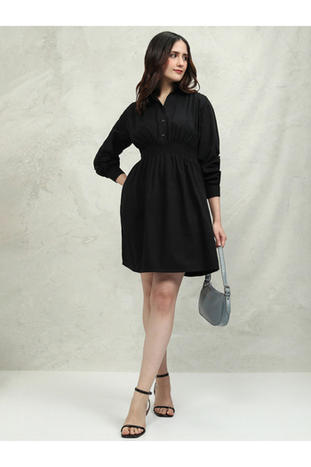 Tokyo Talkies By Styli Solid Cotton Collared Mini Dress with Smocked Detail