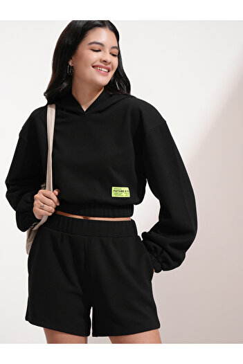 Tokyo Talkies By Styli Solid Hooded Neck Top with Patch Detail and Shorts Co-Ords