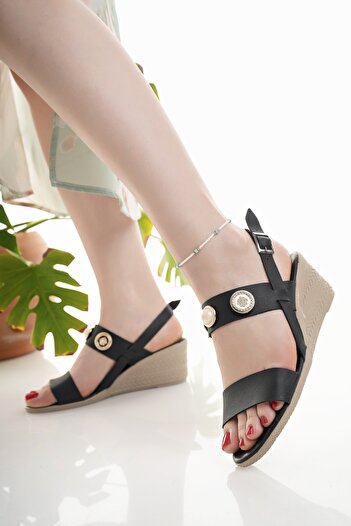 Modafırsat Women's Sandals Black Stone Wedge Heeled Slippers Stylish Business Office Daily Shoes
