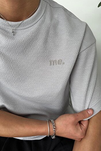 HAFKAGİYİM Gray Textured Me Embroidery Relaxed T-Shirt