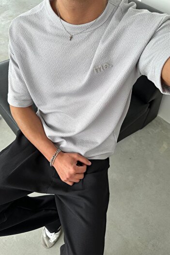 HAFKAGİYİM Gray Textured Me Embroidery Relaxed T-Shirt