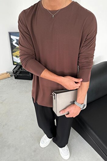 HAFKAGİYİM Καφέ Basic Soft Lycra Relax Fit Μακρυμάνικο T-Shirt