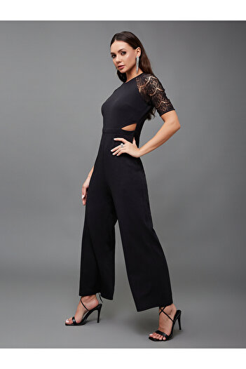 Styli Lace Insert Round Neck Wide Leg Jumpsuit with Cut-Out Detail