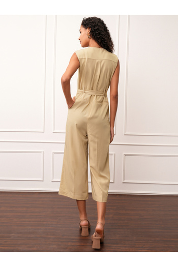 Tokyo Talkies By Styli Solid V-Neck Buttoned Culotte Leg Jumpsuit with Belt