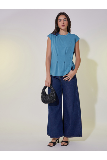 Take Two By Styli Solid Round Neck Sleeveless T-Shirt with Pintuck Detail