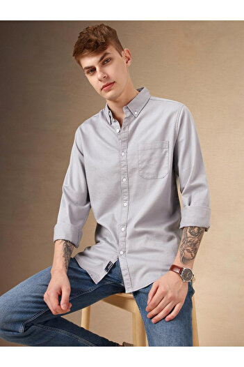 Dennis Lingo By Styli Solid Relaxed Fit Spread Collar Shirt with Pocket