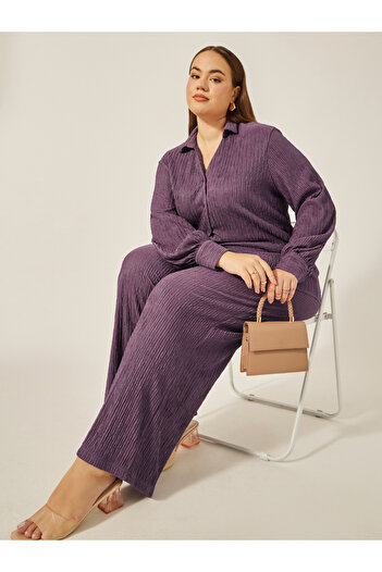 Styli Plus Size Textured Mid-Rise Wide Leg Pants