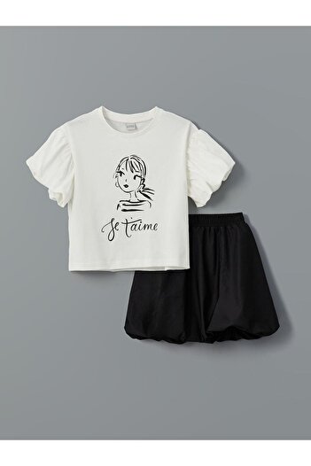 LC Waikiki Lcw Kids Ecru Crew Neck Girls T-Shirt and Skirt