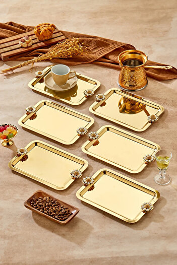 Turkco 6 Pieces Elegante Gold Series Duo Bella Flora Handle Patterned Presentation Tray Promise Engagement Tray 22X16Cm
