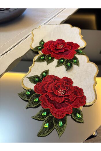 LUXURY Crystal Stone Embroidered Red 2-Piece Coffee Side Presentation Napkin