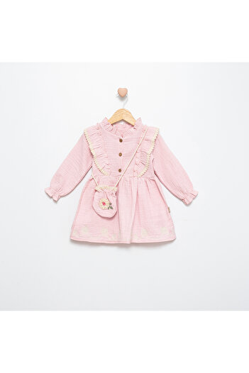 Nehirim Kids Kız Çocuk Çantalı Ve Dantelli Müslin Bezi Kışlık Pembe Bayramlık Elbise (2-3-4-5 YAŞ)