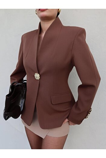 Askı Nişantaşı Premium Blazer Jacket with Shawl Collar Large Metal Gold Button Front Ornamental Pocket