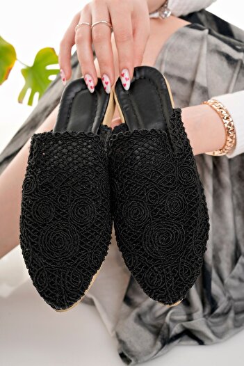 Modafırsat Women's Slippers Black Closed Front Mesh Lace Knitwear Embroidery Stylish Straw Summer Home Beach Vacation Slippers