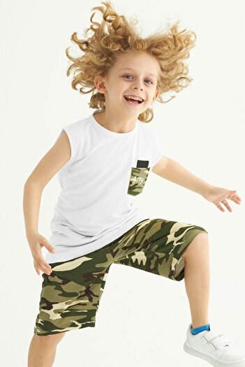 zepkids Crew Neck Zero Sleeve Camouflage Printed Pocket Ecru Color Boy's Capri Suit