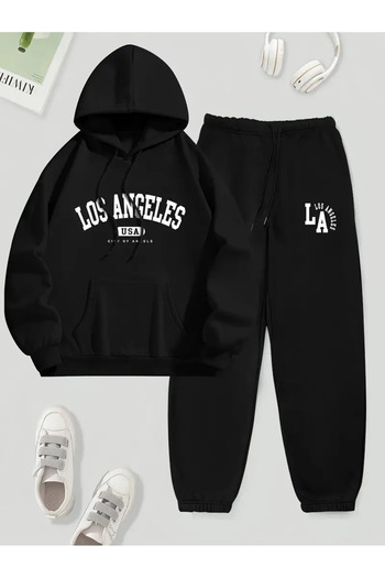 Frisson Los Angeles Printed Oversize Tracksuit Set - Hooded Bottom and Top Set