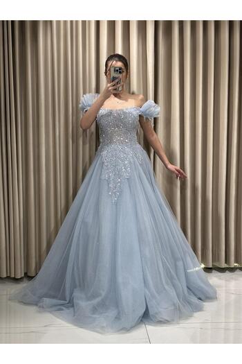 Kaleiçi Yıldızlar Baby Blue Front Stone Embroidered Princess Tulle Back Tie Evening Dress Vs4007