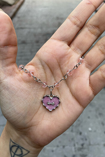 Köstebek Pink Stone Bow Detailed Heart Silver Necklace