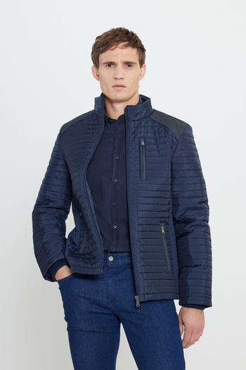 ALTINYILDIZ CLASSICS Men's Navy Blue Standard Fit Regular Cut Stand Collar Patterned Coat