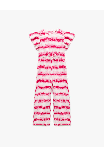 Koton Butterfly Sleeve Ribbon Detailed Tie-Dye Patterned Long Jumpsuit