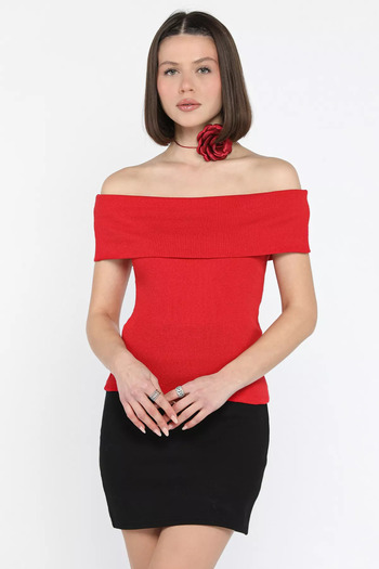 GÜLSELİ Red Women's Madonna Collar Camisole Blouse
