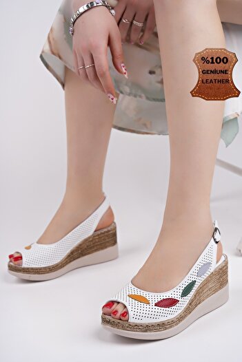 MUGGO Fi̇lyos Genuine Leather Open Back Wedge Heels Adjustable Belt Perforated Casual Women's Sandal