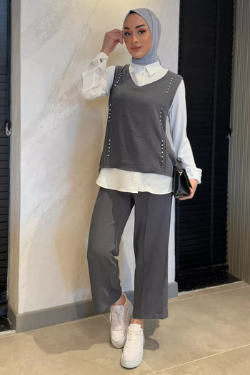julude Anthracite Pearl Shirt Sweater Trousers Hijab Triple Set