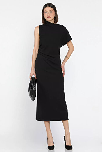 GÜLSELİ Black Slit Waist Draped Women's Dress