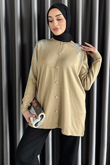 julude Beige Stone Embroidered Buttoned Hijab Knitwear Cardigan