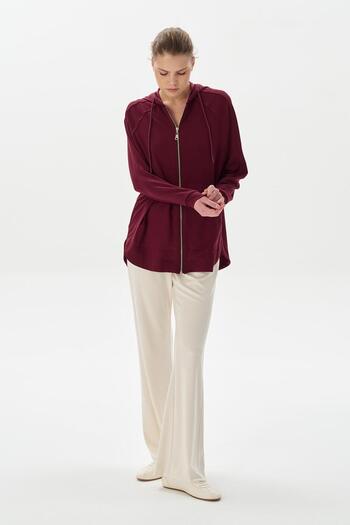 KADRİYE BAŞTÜRK Modal Knitted Hooded Oversize Cardigan Claret Red